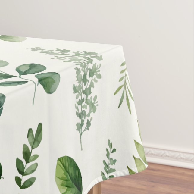 Green Eucalyptus Fern Botanical Watercolor Tablecloth (In Situ)