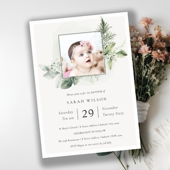 Green Eucalyptus Fern Foliage Photo Baptism Invite (Creator Uploaded)