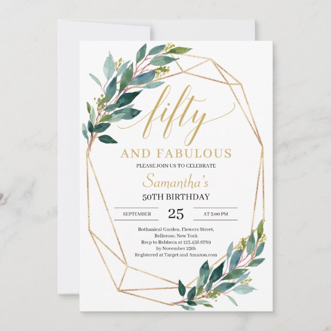 Green eucalyptus fifty and fabulous 50th birthday invitation (Front)