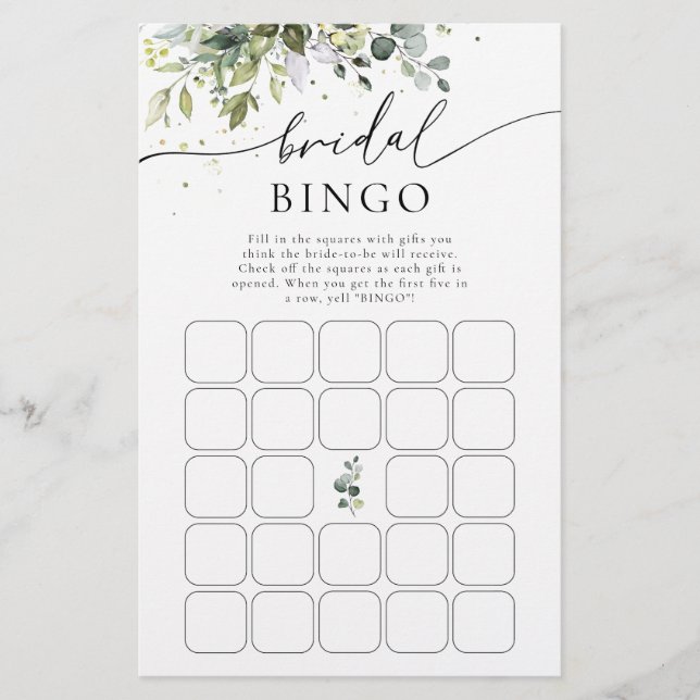 Green Eucalyptus Floral Bridal Shower Bingo (Front)
