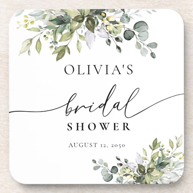 Green Eucalyptus Floral Bridal Shower Coaster (Front)