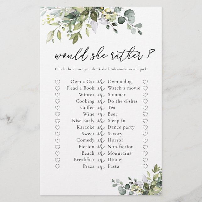 Green Eucalyptus Floral Bridal Shower Game (Front)