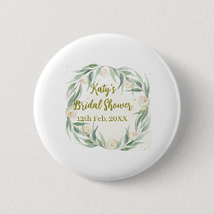 Green eucalyptus floral bridal shower name date go 6 cm round badge