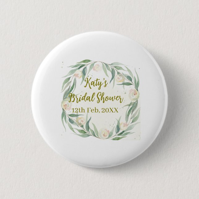 Green eucalyptus floral bridal shower name date go 6 cm round badge (Front)
