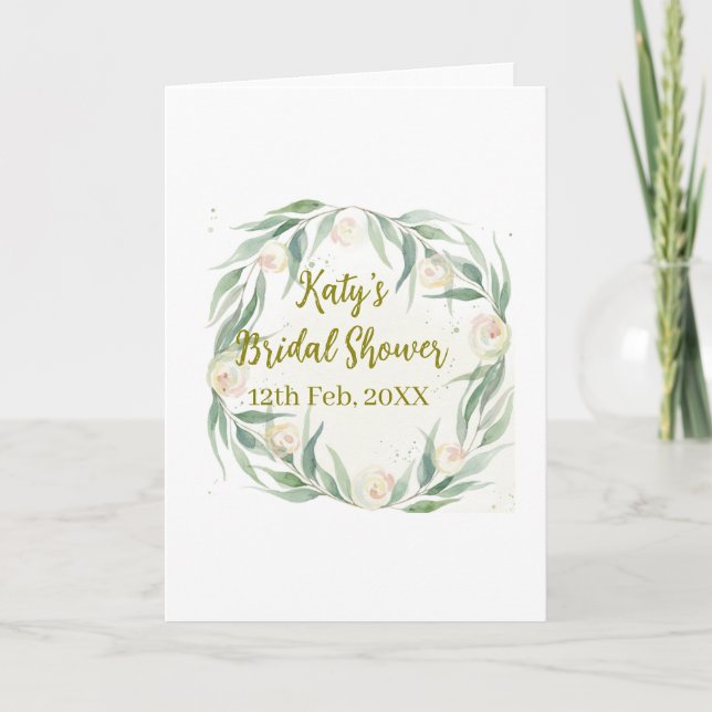 Green eucalyptus floral bridal shower name date go card (Front)