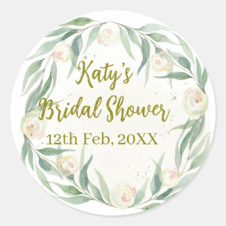 Green eucalyptus floral bridal shower name date go classic round sticker