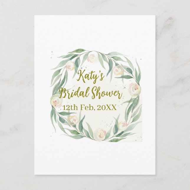 Green eucalyptus floral bridal shower name date go postcard (Front)