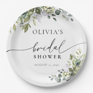Green Eucalyptus Floral Bridal Shower Paper Plate
