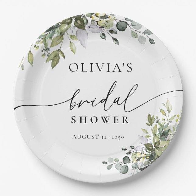 Green Eucalyptus Floral Bridal Shower  Paper Plate (Front)