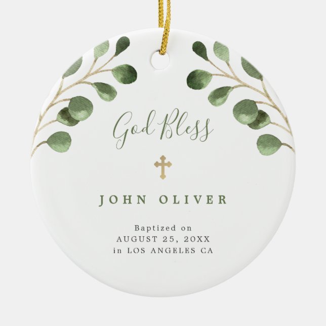 Green eucalyptus foliage baby baptism photo ceramic tree decoration (Front)