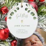 Green eucalyptus foliage baby baptism photo  ceramic tree decoration<br><div class="desc">Watercolor eucalyptus greenery leaves and a classy handwritten style calligraphy script making a beautiful boy or girl baptism personalized Christmas keepsake white tree ornament.</div>