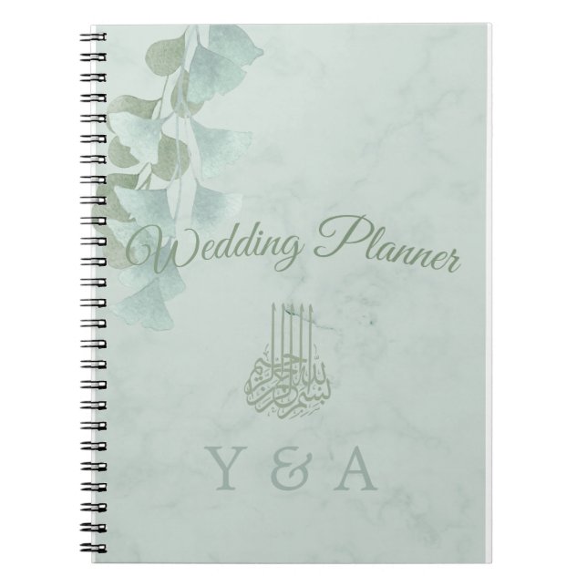 Green Eucalyptus Foliage Bismillah Marble Wedding Notebook (Front)