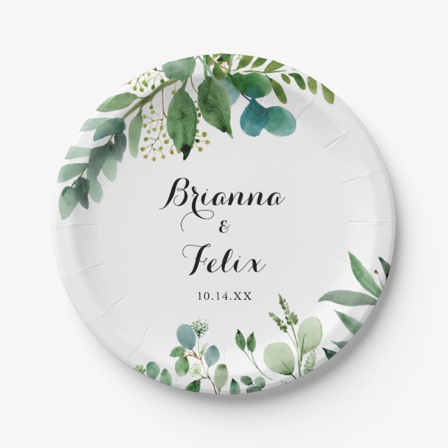 Green Eucalyptus Foliage Calligraphy Wedding Cake Paper Plate (Front)