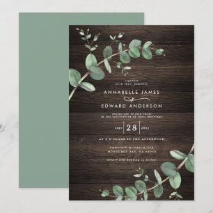 green eucalyptus foliage dark wood rustic elegant invitation