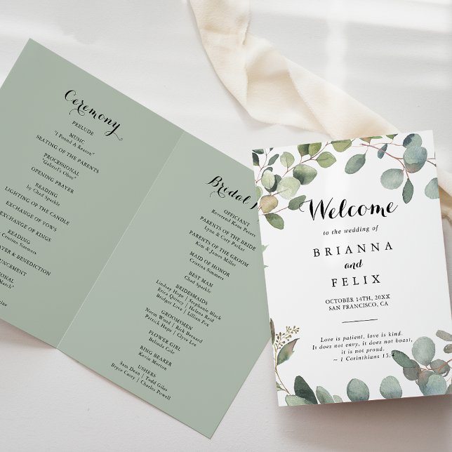 Green Eucalyptus Foliage Delight Folded Wedding Programme (Creator Uploaded)