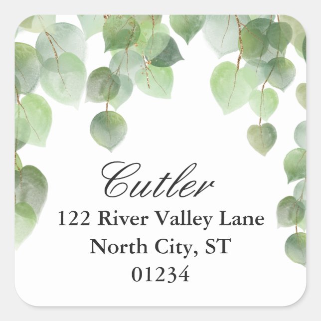 Green Eucalyptus Foliage Return Address Square Sticker (Front)