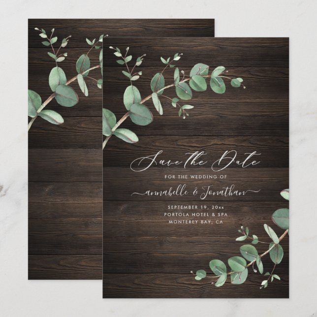 green Eucalyptus foliage rustic dark wood elegant Save The Date (Front/Back)