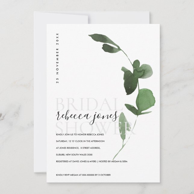 GREEN EUCALYPTUS FOLIAGE WATERCOLOR BRIDAL SHOWER ANNOUNCEMENT (Front)