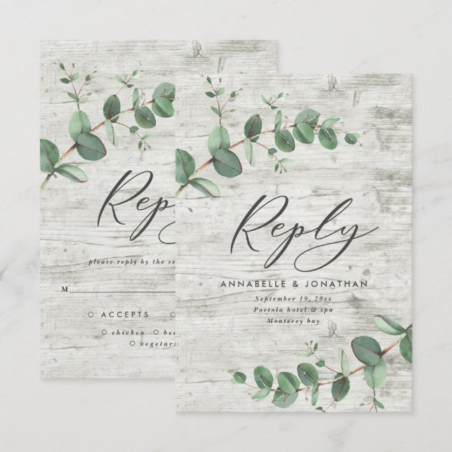 green eucalyptus foliage white wood wedding RSVP  (Front/Back)