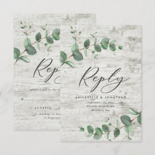green eucalyptus foliage white wood wedding RSVP  Card