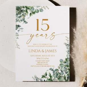 Green Eucalyptus Gold 15th Wedding Anniversary Invitation