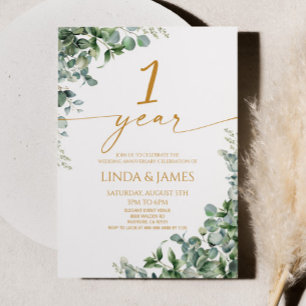 Green Eucalyptus Gold 1st Wedding Anniversary Invitation