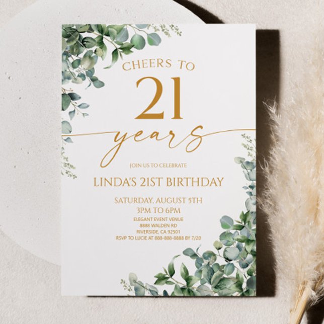 Green Eucalyptus Gold 21st Birthday Party Invitation (Creator Uploaded)