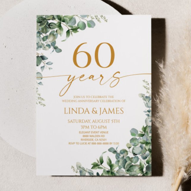 Green Eucalyptus Gold 60th Wedding Anniversary Invitation (Creator Uploaded)