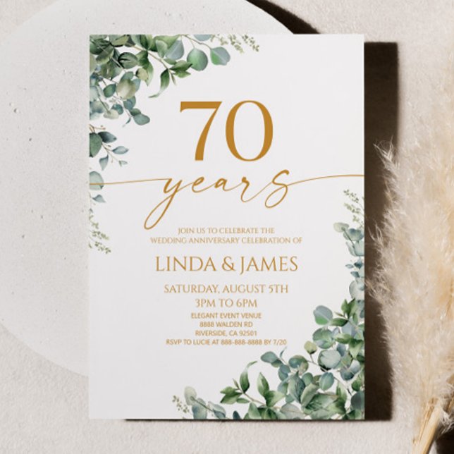 Green Eucalyptus Gold 70th Wedding Anniversary Invitation (Creator Uploaded)