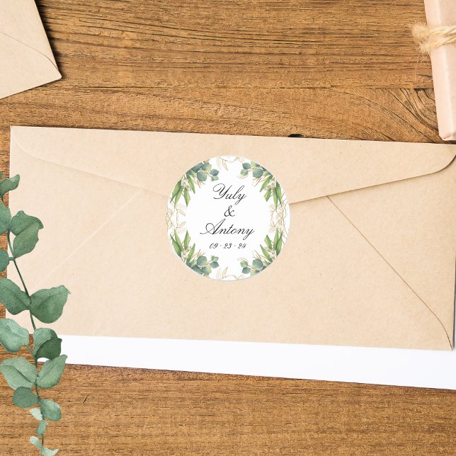 Green Eucalyptus Gold Botanical Seal (Stickers Set Green Botanical Plants for wedding envelopes)