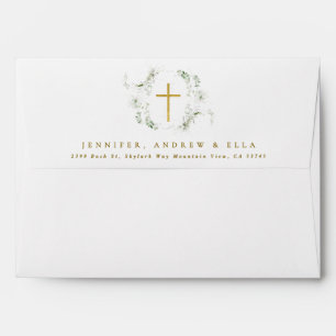 Green Eucalyptus Gold Cross Wreath Girl Baptism Envelope
