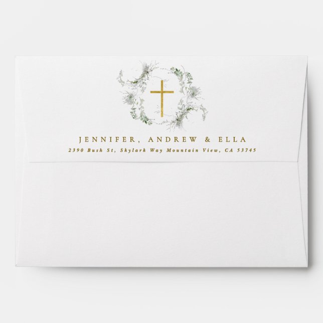 Green Eucalyptus Gold Cross Wreath Girl Baptism Envelope (Back (Top Flap))