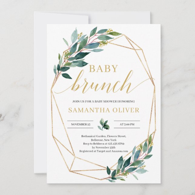 Green eucalyptus gold geometric baby brunch invitation (Front)