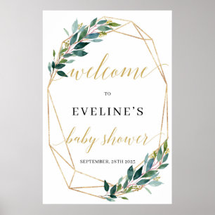 Green eucalyptus gold geometric frame welcome sign