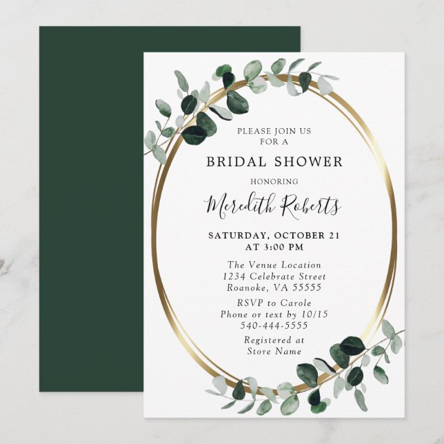 Green Eucalyptus Gold Metallic Bridal Shower Invitation (Front/Back)