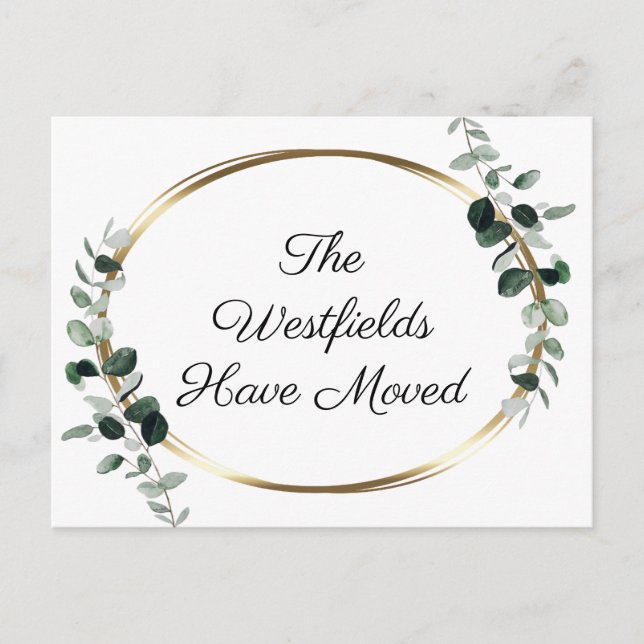 Green Eucalyptus Gold Metallic New Address Announcement Postcard (Front)