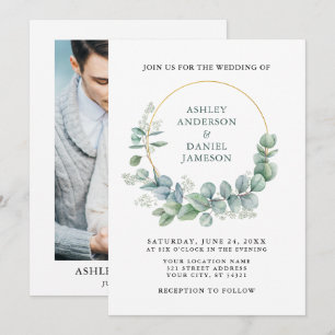 Green Eucalyptus Gold Photo Wedding Invitation