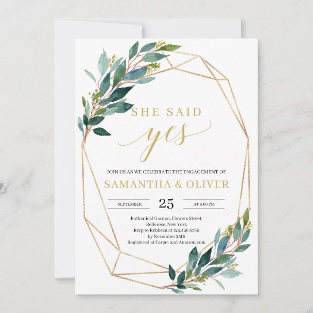 Green eucalyptus gold she said yes engagement invitation (Front)