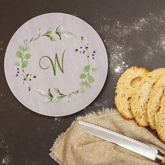Green Eucalyptus & Leaf Wreath Script Monogram Cutting Board