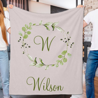 Green Eucalyptus & Leaf Wreath Script Monogram Fleece Blanket