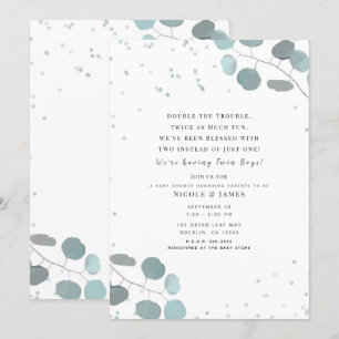 Green Eucalyptus Leaves Baby Shower Twins Invitation