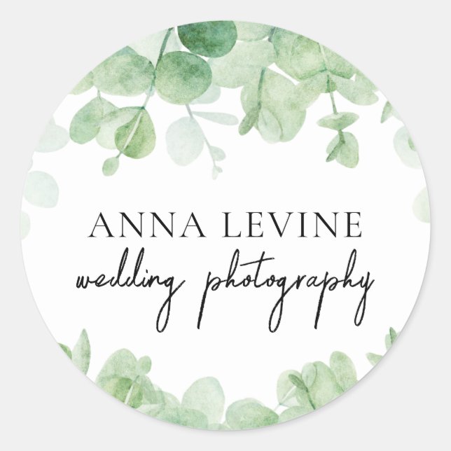 Green Eucalyptus Leaves Border Business Name Classic Round Sticker (Front)