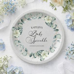 Green Eucalyptus Leaves Botanical Baby Sprinkle Paper Plate