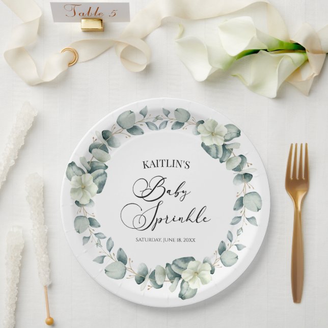 Green Eucalyptus Leaves Botanical Baby Sprinkle Paper Plate (Wedding)