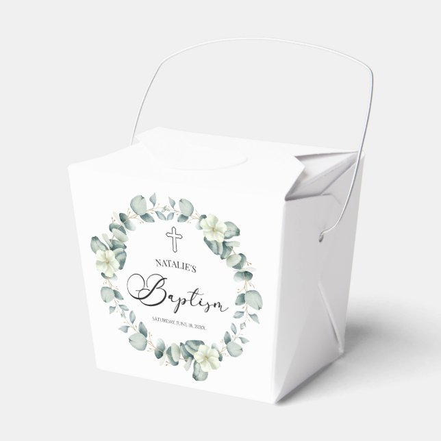 Green Eucalyptus Leaves Botanical Baptism Favour Box (Front Side)