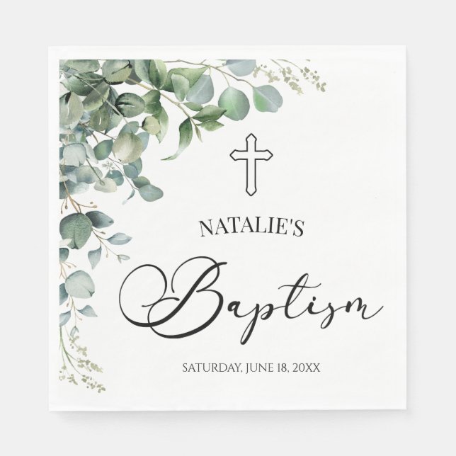 Green Eucalyptus Leaves Botanical Baptism Napkin (Front)