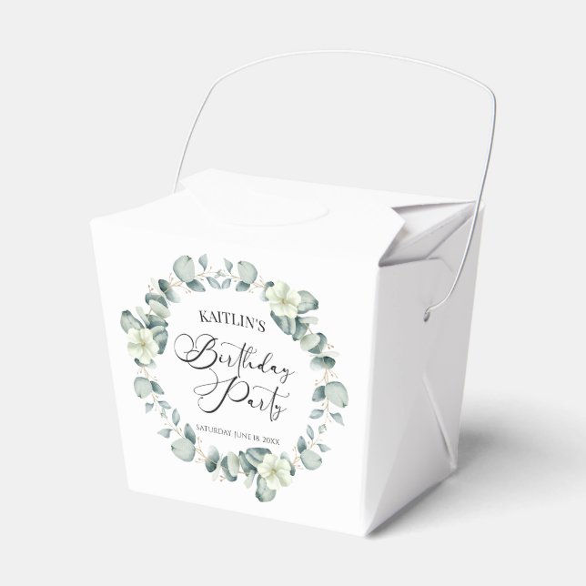 Green Eucalyptus Leaves Botanical Birthday Party Favour Box (Front Side)