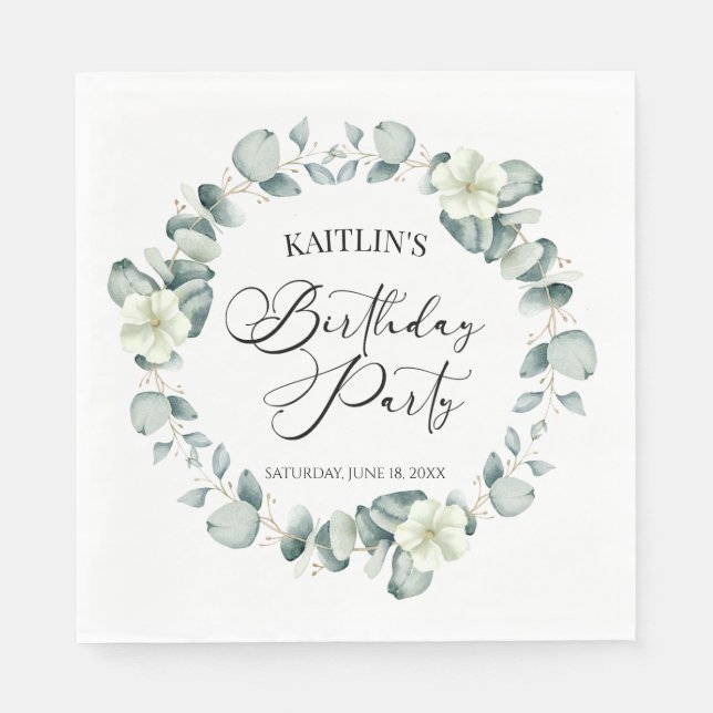 Green Eucalyptus Leaves Botanical Birthday Party Napkin (Front)