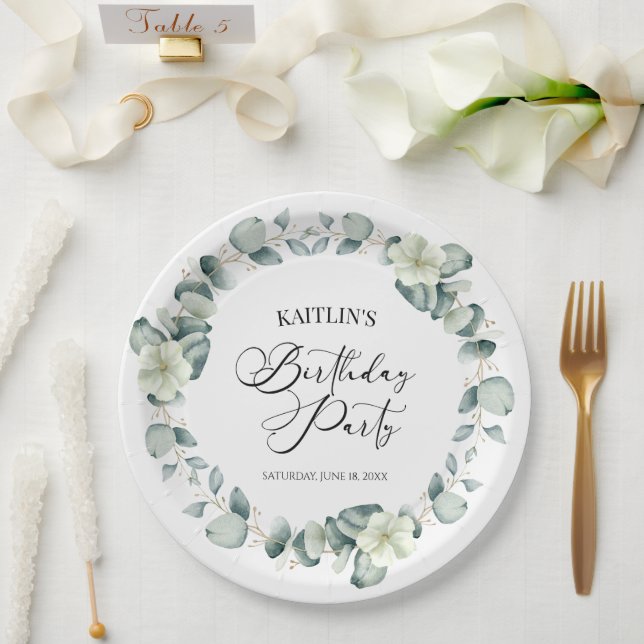 Green Eucalyptus Leaves Botanical Birthday Party Paper Plate (Wedding)