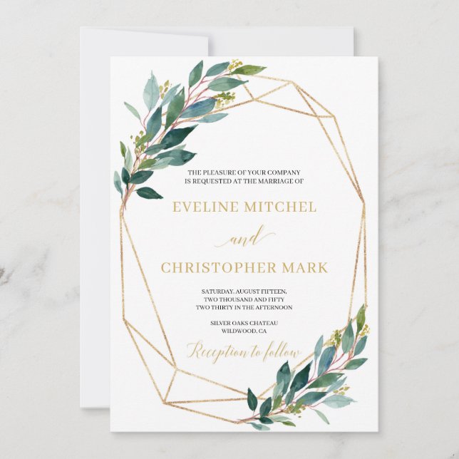 Green eucalyptus leaves gold geometric wedding invitation (Front)